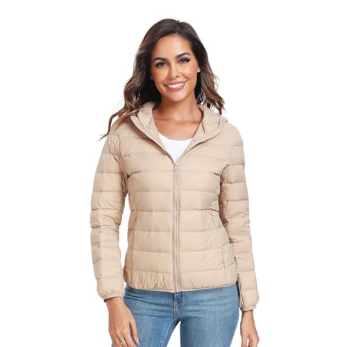 GOODSALEOK Leichte Daunenjacke üBergangsjacke Damen Kurze Gesteppte Winterjacke Mit Kapuze Winter-Geschenke Khaki-M von GOODSALEOK