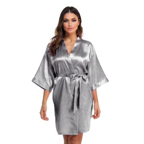 GOODSALEOK Satin Bademantel Damen Sexy Kimono Robe für Frauen V-Ausschnitt Leichtigkeit Nachtwäsche Nachthemd Graue M von GOODSALEOK