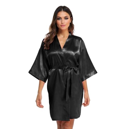 GOODSALEOK Satin Bademantel Damen Sexy Kimono Robe für Frauen V-Ausschnitt Leichtigkeit Nachtwäsche Nachthemd Schwarz M von GOODSALEOK