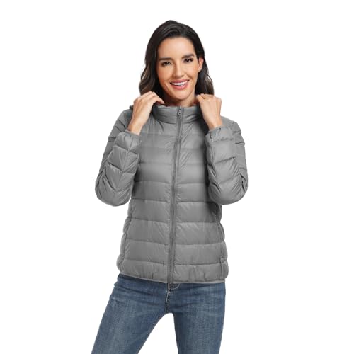 GOODSALEOK Stehkragen Winterjacken für Damen Gesteppte Leichte Daunenjacke üBergangsjacke Winter-Geschenke Hell Grau L von GOODSALEOK