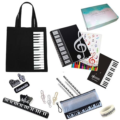 GOOGIT Musik-Set 17 Stücke Notenmappe Notizbuch mit Pentagramm Baumwolltasche Etui Bleistifte Schreibwaren Klavier Schule Studenten (Schwarz) von GOOGIT