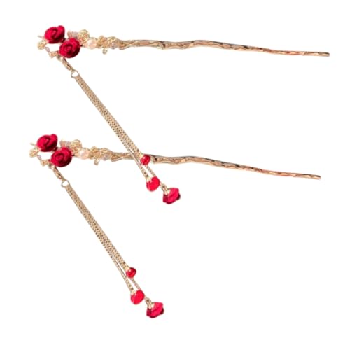 GOOHOCHY 2 Stück Vintage Haarschmuck Haarnadeln mit Roter Rosenblüte Leichte Damen Haarstäbchen für Hochsteckfrisuren Vielseitiges Stylingzubehör für Teenager und Besondere Anlässe von GOOHOCHY