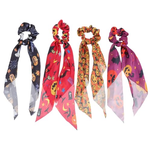 GOOHOCHY 4 Stück Teiliges Halloween Haarband mit Elastischem Ponytail Holder Bunte Kürbis und Totenkopf Designs Schonend für Haare Modische Haargummis für Mädchen und Damen für Partys und von GOOHOCHY