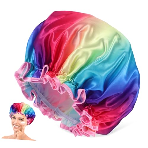 GOOHOCHY Duschhaube Doppellagig Elastisches Band Regenbogen Design Unisex Badehaube Für Männer Frauen Dusche Schwimmen Kopfgröße Anpassbar von GOOHOCHY