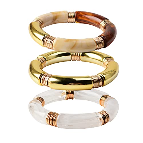 GOOJIDS Bambusrohr-Armband aus dickem gebogenem Bambusrohr, stapelbar, mit bunten Perlen aus transparentem Acryl, dehnbar, Freundschaftsarmband, Goldfarben, Geschenk für Frauen, 6.6 inches, Acryl GOOJIDS Bambusrohr-Armband aus dickem gebogenem Bambusrohr, stapelbar, mit bunten Perlen aus transparentem Acryl, dehnbar, Freundschaftsarmband, Goldfarben, Geschenk für Frauen, 6.6 inches, Acryl von GOOJIDS