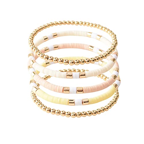 GOOJIDS Surfer-Heishi-Armbänder mit Tonperlen für Damen, Bohemian-Stil, stapelbar, goldfarben, dehnbar, elastisch, Freundschafts-Armbänder, Boho-Schmuck, Medium, Ton, Kein Edelstein GOOJIDS Surfer-Heishi-Armbänder mit Tonperlen für Damen, Bohemian-Stil, stapelbar, goldfarben, dehnbar, elastisch, Freundschafts-Armbänder, Boho-Schmuck, Medium, Ton, Kein Edelstein von GOOJIDS