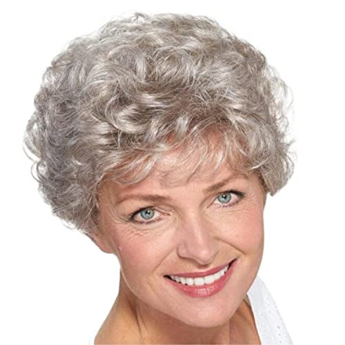 GOOPEEG Perücken Cosplay Alte Damenperücken, Kurze Graue Lockige Echthaar-Mischhaarperücken Für Ältere Frauen Perücke für Tägliche Party von GOOPEEG