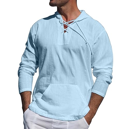 Casual Shirt Herren Frühling Sommer Dünnschliff Leinen Shirt Mit Schnürung Langarm Shirt Herren Einfarbig Hoodie Leichte Atmungsaktiv Kapuzenpullover Herren D-Sky Blue XL von GOOSMI