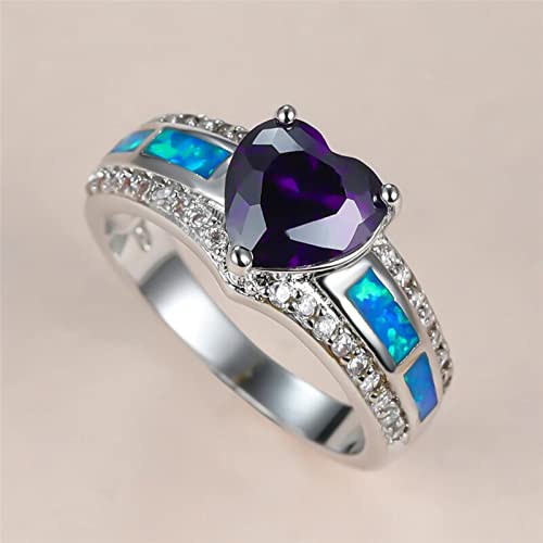 GOOZHI Ringe, Niedliche weibliche lila Herz Kristall Ring Charme Silber Farbe Ehering Luxus blau Opal Stein Verlobungsringe for Frauen(9) von GOOZHI