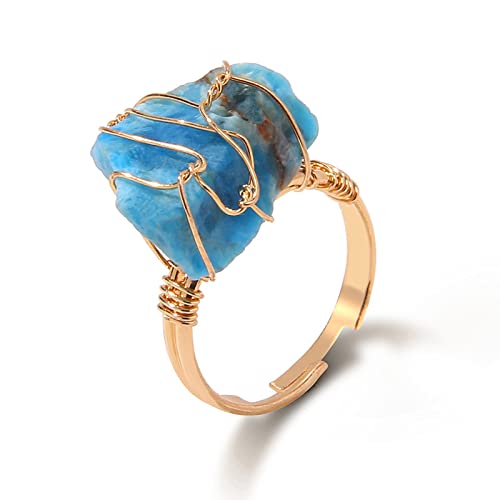 GOOZHI Ringe, Unregelmäßige Rohsteinringe, drahtumwickelte natürliche Quarzkristallringe for Frauen und Männer, Paar-Fingerring, größenveränderbarer Hochzeitsschmuck, Aquamarine(Apatite) von GOOZHI