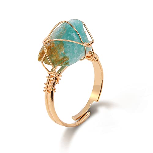 GOOZHI Ringe, Unregelmäßige Rohsteinringe, drahtumwickelte natürliche Quarzkristallringe for Frauen und Männer, Paar-Fingerring, größenveränderbarer Hochzeitsschmuck, Aquamarine(Blue) von GOOZHI