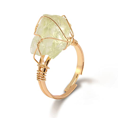 GOOZHI Ringe, Unregelmäßige Rohsteinringe, drahtumwickelte natürliche Quarzkristallringe for Frauen und Männer, Paar-Fingerring, größenveränderbarer Hochzeitsschmuck, Aquamarine(Lemon Crystal) von GOOZHI