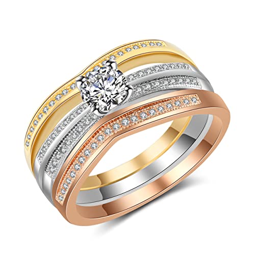Ringe, Verstellbare Ringe for Damen, Angstring, 3-in-1-Ringset mit schlichtem Persönlichkeitstrend, 3-farbiges Ringset mit Kristall-Mikro-Set aus Zirkonia, Verlobungs- und Hochzeitsschmuck, Geschenk f von GOOZHI