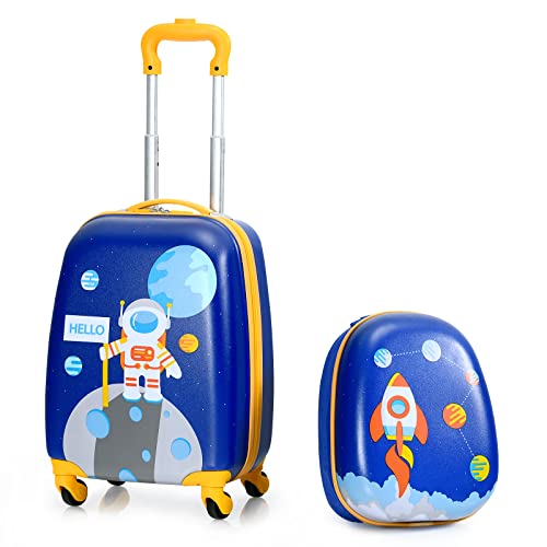GOPLUS Kinderkoffer mit Rucksack, Kids Trolley, Kindergepäck mit Rollen, Reisekoffer mit Teleskopgriff, Hartschalenkoffer für Kinder, Kindertrolley Farbwahl (Astronaut, 12"+16") von GOPLUS