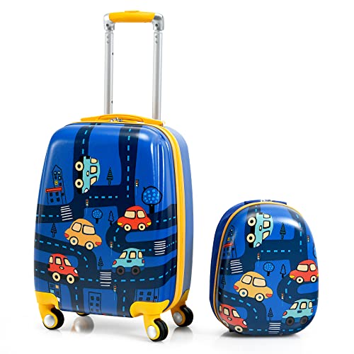 GOPLUS Kinderkoffer mit Rucksack, Kids Trolley, Kindergepäck mit Rollen, Reisekoffer mit Teleskopgriff, Hartschalenkoffer für Kinder, Kindertrolley Farbwahl (Cartoon-Auto, 12"+18") von GOPLUS