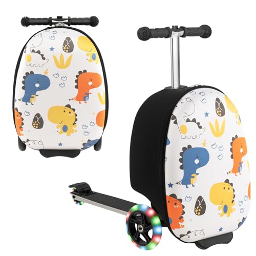 GOPLUS 2 in 1 Kinderkoffer mit Roller, 26 Zoll Reisegepäck mit Eva-Gehäuse & LED-Rädern, Klappbarer Scooter mit einziehbarem Lenker für Kinder ab 5 Jahre alt (Dinosaurier) von GOPLUS