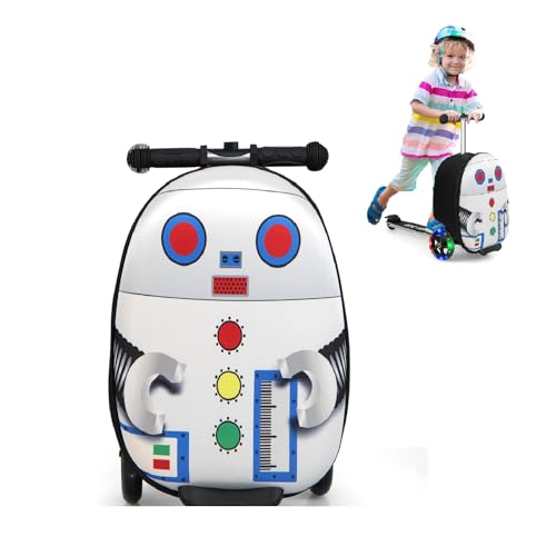 GOPLUS 2 in 1 Kinderkoffer mit Roller, 26 Zoll Reisegepäck mit Eva-Gehäuse & blinkenden LED-Rädern, Klappbarer Scooter mit einziehbarem Lenker für Kinder ab 5 Jahre alt (Roboter) von GOPLUS