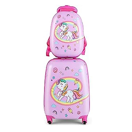 GOPLUS Kinderkoffer mit Rucksack, Kids Trolley, Kindergepäck mit Rollen, Reisekoffer mit Teleskopgriff, Hartschalenkoffer für Kinder, Kindertrolley Farbwahl (Kleines Einhorn, 12"+16") von GOPLUS