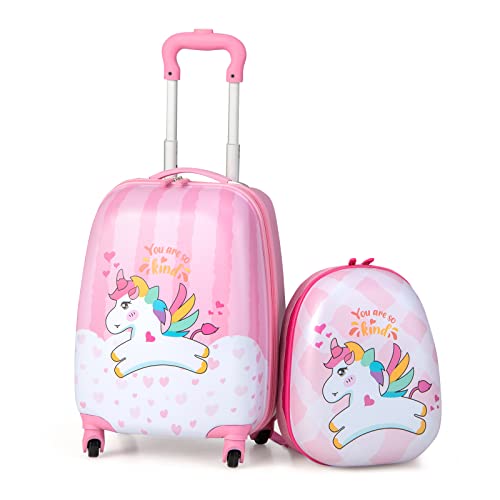 GOPLUS Kinderkoffer mit Rucksack, Kids Trolley, Kindergepäck mit Rollen, Reisekoffer mit Teleskopgriff, Hartschalenkoffer für Kinder, Kindertrolley Farbwahl (Pink Einhorn, 12"+16") von GOPLUS