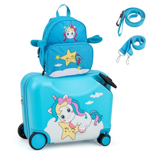 GOPLUS Kinderkoffer mit Rucksack, Kids Trolley, Kindergepäck mit Rollen, Reisekoffer mit Teleskopgriff, Hartschalenkoffer für Kinder, Kindertrolley Farbwahl (Blau Einhorn, 12"+18") von GOPLUS