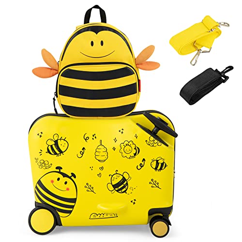 GOPLUS Kinderkoffer mit Rucksack, Kids Trolley, Kindergepäck mit Rollen, Reisekoffer mit Teleskopgriff, Hartschalenkoffer für Kinder, Kindertrolley Farbwahl (Honigbiene, 12"+18") von GOPLUS