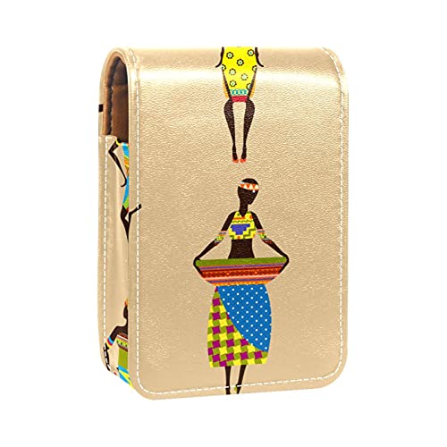 Boho-Afrika-Ethno-Mädchen-Muster, Lipgloss-Halter, Lippenstift-Etui, tragbare Make-up-Tasche, Reise-Lippenstift-Organizer, Etui mit Spiegel, Mini-Lippenstift-Aufbewahrungsbox für Frauen, Mehrfarbig, von GORDESC