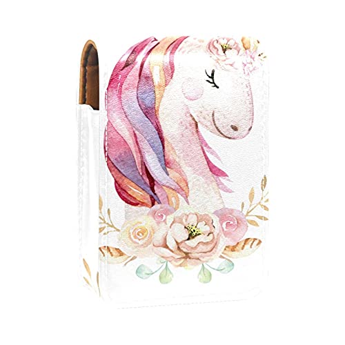 Einhorn-Clipart Lipgloss-Halter, Lippenstift-Etui, tragbare Make-up-Tasche, Reise-Lippenstift-Organizer, Etui mit Spiegel, Mini-Lippenstift-Aufbewahrungsbox für Frauen, Mehrfarbig, 9.5x2x7 von GORDESC