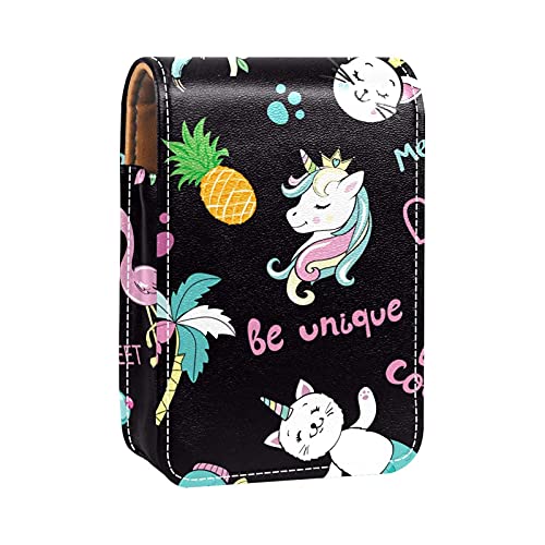 Einhorn-Katzen-Flamingo-Muster, niedlicher Lipgloss-Halter, Lippenstift-Etui, tragbare Make-up-Tasche, Reise-Lippenstift-Organizer, Etui mit Spiegel, Mini-Lippenstift-Aufbewahrungsbox für Frauen, von GORDESC