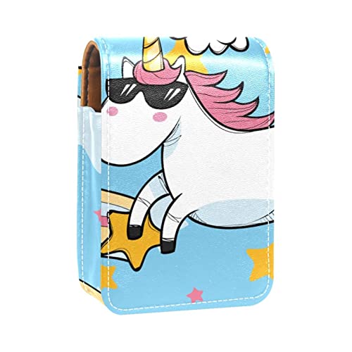 GORDESC Einhorn mit Sonnenbrille Regenbogen Sterne Lipgloss Halter Lippenstift Fall Tragbare Make-up-Tasche Reise Lippenstift Organizer Etui mit Spiegel Mini Lippenstift Aufbewahrungsbox für Frauen, von GORDESC