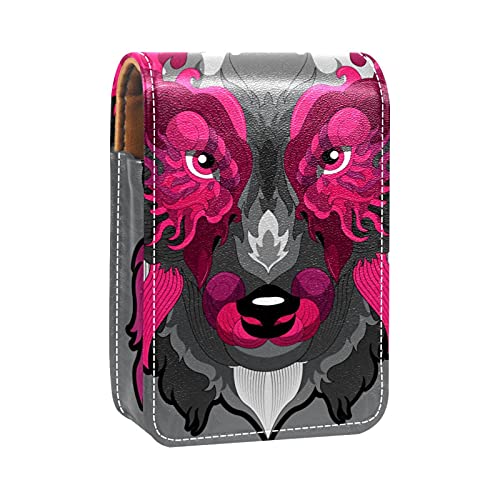 Ethnischer Wolf-Porträt, Lipgloss-Halter, Lippenstift-Etui, tragbare Make-up-Tasche, Reise-Lippenstift-Organizer, Etui mit Spiegel, Mini-Lippenstift-Aufbewahrungsbox für Frauen, Mehrfarbig, 9.5x2x7 von GORDESC