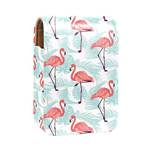 Flamingo Lippenstift-Etui mit tropischen Blättern, tragbar, Make-up-Tasche, Reise-Lippenstift-Organizer, Etui mit Spiegel, Mini-Lippenstift-Aufbewahrungsbox für Damen, Mehrfarbig, 9.5x2x7 von GORDESC