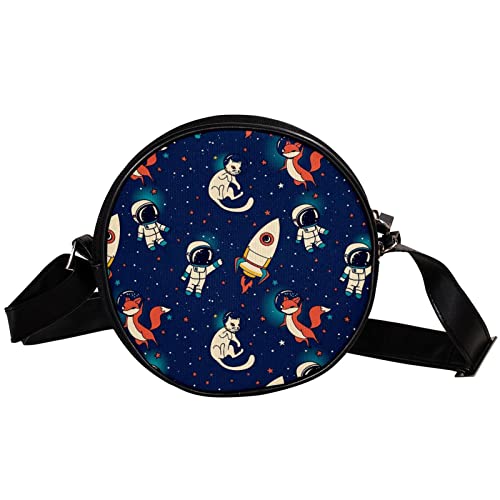 GORDESC Cartoon Universum Fox Katze Spacemen Runde Crossbody Taschen Circle Crossbody Geldbörse Schulter Clutch Handtasche für Frauen Mädchen von GORDESC