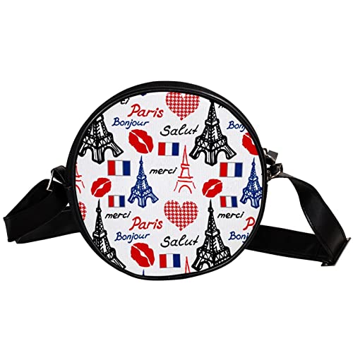GORDESC Paris Eiffelturm rote Lippen, runde Umhängetasche, Umhängetasche, Handtasche, für Damen und Mädchen von GORDESC