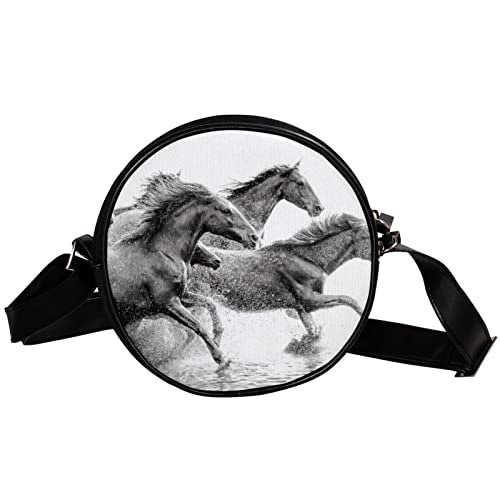 GORDESC Runde Crossbody-Tasche für Damen und Mädchen mit Pferde-Motiv im Wasser von GORDESC