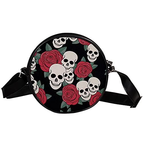 GORDESC Sugar Skull Red Rose Pattern Round Crossbody Bags Circle Crossbody Purse Shoulder Clutch Handbag for Women Girls von GORDESC