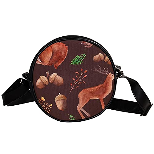 GORDESC Wasserfarben Wald Wildlife Hirsch Aquirrel Eicheln Runde Crossbody Tasche Umhängetasche Geldbörse Schulter Clutch Handtasche für Damen Mädchen von GORDESC