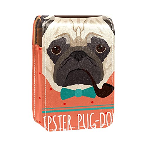 Hipster Mops-Hund mit Hut, Lippenstift-Halter, tragbare Make-up-Tasche, Reise-Lippenstift-Organizer, Etui mit Spiegel, Mini-Lippenstift-Aufbewahrungsbox für Frauen, Mehrfarbig, 9.5x2x7 cm/3.7x0.8x2.7 von GORDESC