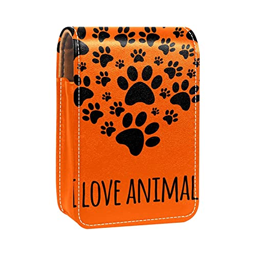 Lippenstift-Etui, tragbar, Motiv: Pfotenabdrücke, Motiv: "I Love Animal", mit Spiegel, Mini-Lippenstift-Aufbewahrungsbox für Damen, Orange, Mehrfarbig, 9.5x2x7 cm/3.7x0.8x2.7 in von GORDESC