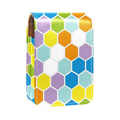 Lippenstift-Etui, tragbar, mit Spiegel, für Lippenstift, mit Spiegel, Gelb, Blau, Weiß, Orange, geometrisch, sechseckig, Lippenstift-Aufbewahrungsbox für Damen, Mehrfarbig, 9.5x2x7 cm/3.7x0.8x2.7 in von GORDESC