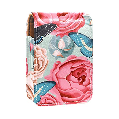 Lippenstift-Etui mit Schmetterlings-Rosen-Blumen, tragbare Make-up-Tasche, Reise-Lippenstift-Organizer, Etui mit Spiegel, Mini-Lippenstift-Aufbewahrungsbox für Damen, Mehrfarbig, 9.5x2x7 von GORDESC