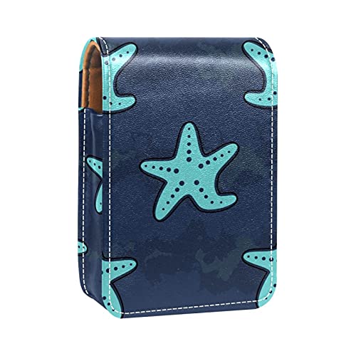 Lippenstift-Etui mit Seestern-Muster, blauer Hintergrund, Lippenstift-Etui, tragbare Make-up-Tasche, Reise-Lippenstift-Organizer, Etui mit Spiegel, Mini-Lippenstift-Aufbewahrungsbox für Damen, von GORDESC