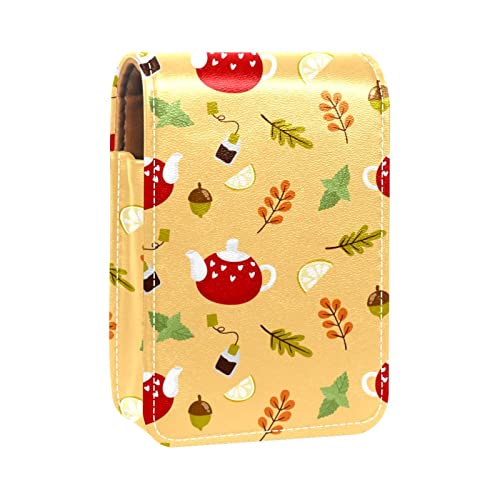 Lippenstift-Etui mit Spiegel, Herbst-Teekanne und Eichel-Lipgloss-Halter, tragbare Lippenstift-Aufbewahrungsbox, Reise-Make-up-Tasche, Mini-Leder-Kosmetiktasche, für 3 Lippenstifte, Mehrfarbig, von GORDESC