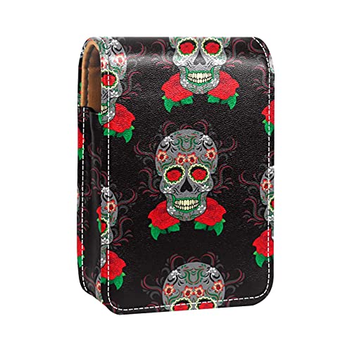 Lippenstift-Etui mit Vintage-Blumenmuster, Totenkopf-Muster, tragbar, Make-up-Tasche, Reise-Lippenstift-Organizer, Etui mit Spiegel, Mini-Lippenstift-Aufbewahrungsbox für Damen, Mehrfarbig, 9.5x2x7 von GORDESC