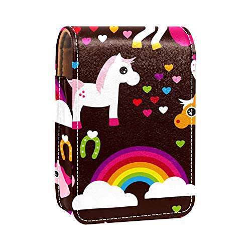 Lippenstift-Etui mit buntem Regenbogen-Einhorn-Muster, tragbare Make-up-Tasche, Reise-Lippenstift-Organizer, Etui mit Spiegel, Mini-Lippenstift-Aufbewahrungsbox für Damen, Mehrfarbig, 9.5x2x7 von GORDESC