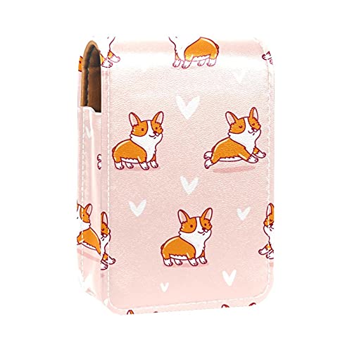 Lippenstift-Etui mit niedlichem Corgi-Hund, rosa Hintergrund, Lippenstift-Etui, tragbare Make-up-Tasche, Reise-Lippenstift-Organizer, Etui mit Spiegel, Mini-Lippenstift-Aufbewahrungsbox für Frauen, von GORDESC