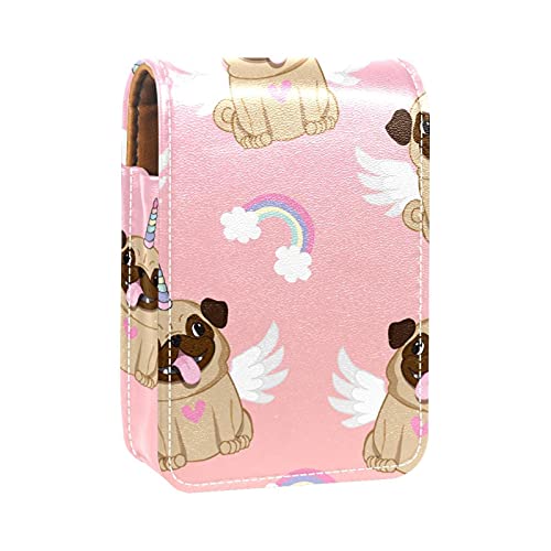 Lippenstift-Etui mit niedlichem Mops-Einhorn, Lippenstift-Etui, tragbare Make-up-Tasche, Reise-Lippenstift-Organizer, Etui mit Spiegel, Mini-Lippenstift-Aufbewahrungsbox für Damen, Mehrfarbig, 9.5x2x7 von GORDESC