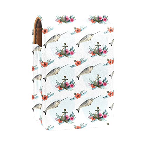 Lippenstift-Halter, Motiv: Wasserfarben, Schwertfisch und Blumenanker, Lippenstift-Halter, tragbare Make-up-Tasche, Reise-Lippenstift-Organizer, Etui mit Spiegel, Mini-Lippenstift-Aufbewahrungsbox für von GORDESC