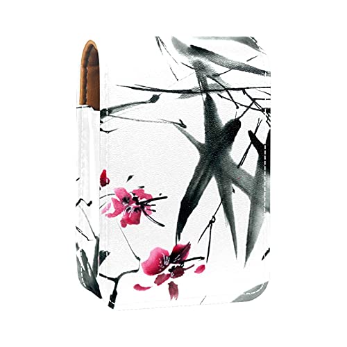 Make-up-Lippenstift-Etui für draußen, Bambusblätter, traditioneller tragbarer Lippenstift-Organizer mit Spiegel, Mini-Make-up-Tasche für bis zu 3 Lippenstifte, Mehrfarbig, 9.5x2x7 cm/3.7x0.8x2.7 in von GORDESC