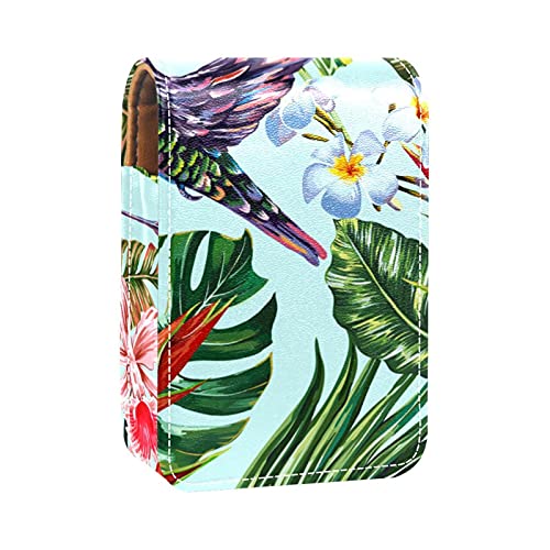 Make-up-Lippenstift-Etui für draußen, Frühling, tropische Palmen, Vögel, Blumen, tragbarer Lippenstift-Organizer mit Spiegel, Mini-Make-up-Tasche, für bis zu 3 Lippenstifte, Mehrfarbig, 9.5x2x7 von GORDESC