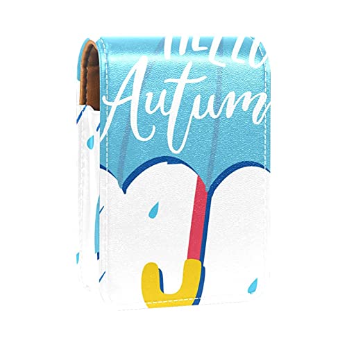 Make-up-Lippenstift-Etui für draußen, Hallo Herbst, Regen, Regenschirm, tragbarer Lippenstift-Organizer mit Spiegel, Mini-Make-up-Tasche, für bis zu 3 Lippenstifte, Mehrfarbig, 9.5x2x7 cm/3.7x0.8x2.7 von GORDESC